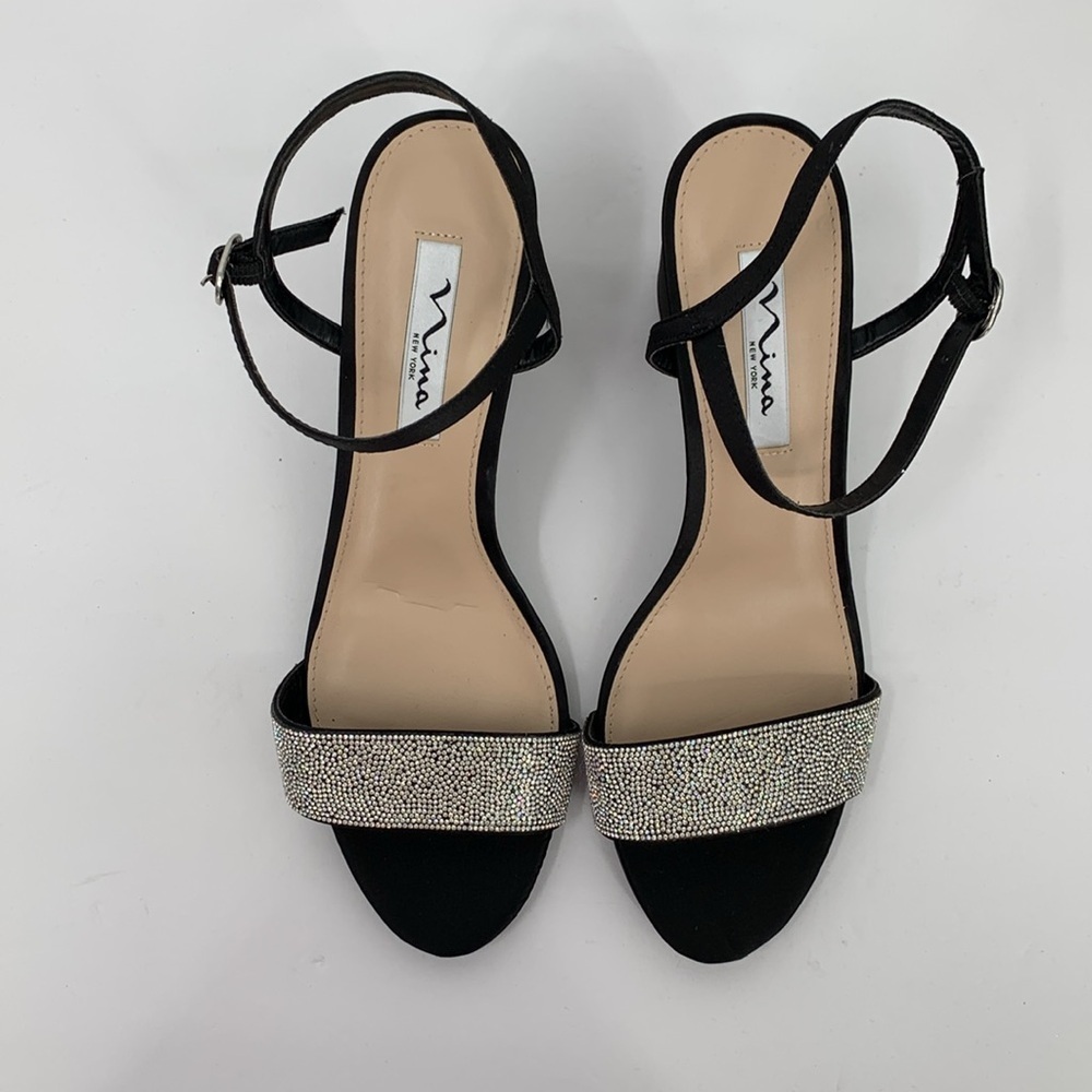 Nina Haven block heel black satin shoe sandal dressy clear crystal rhinestone 10 - Picture 4 of 6